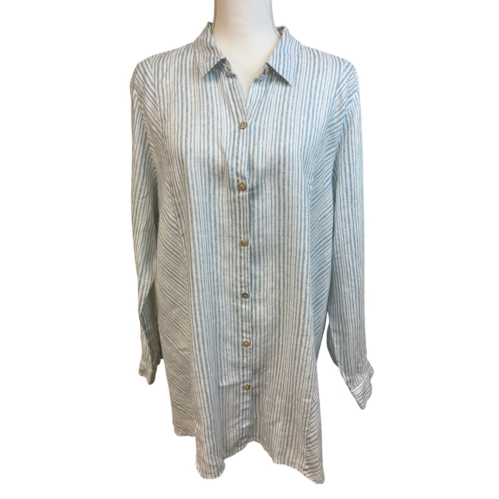 J JILL Love Linen Tunic XL Stripe Button Relaxed Coastal Hampton Minimalist Chic